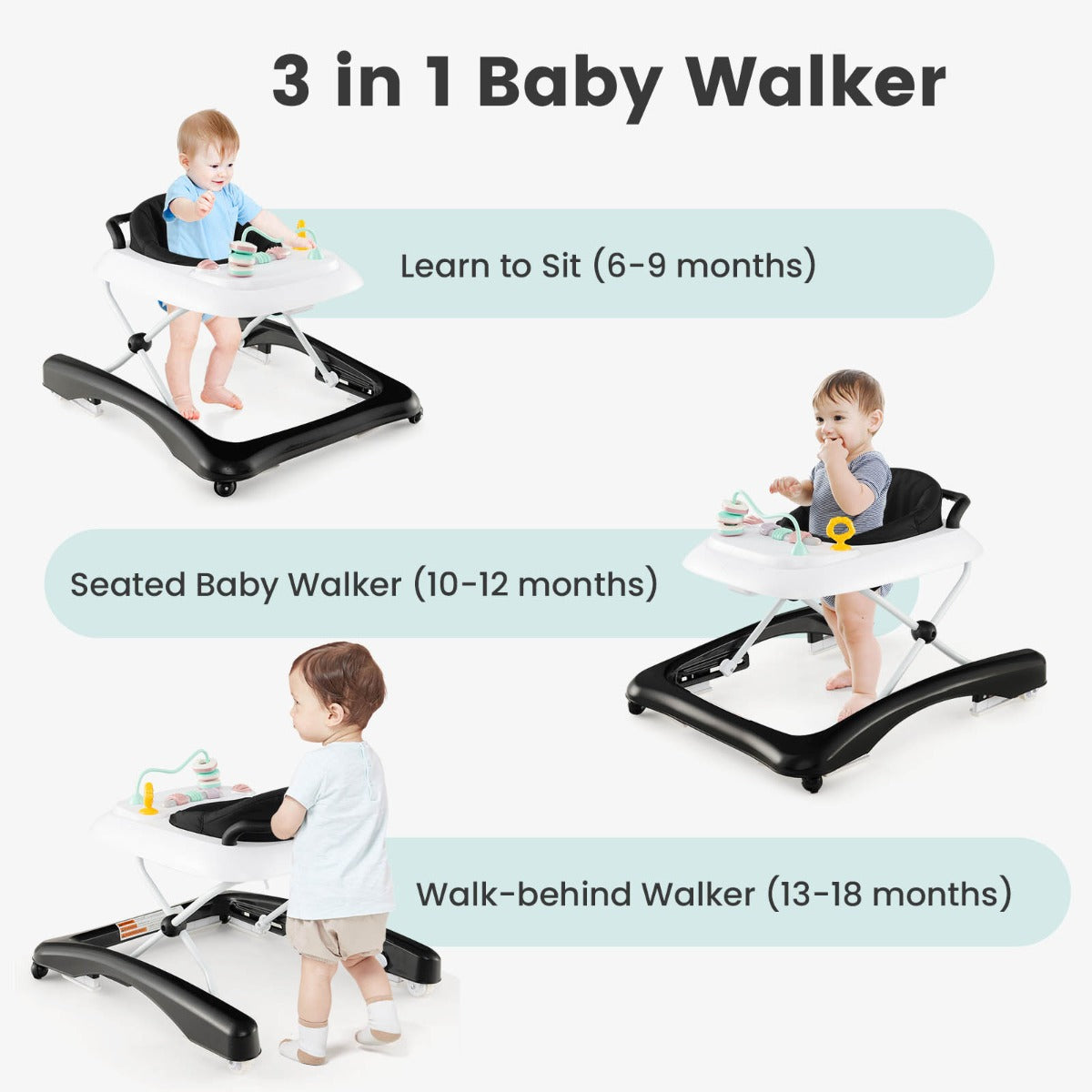 Foldable Baby Walker with Adjustable Height for Boys and Girls-Black