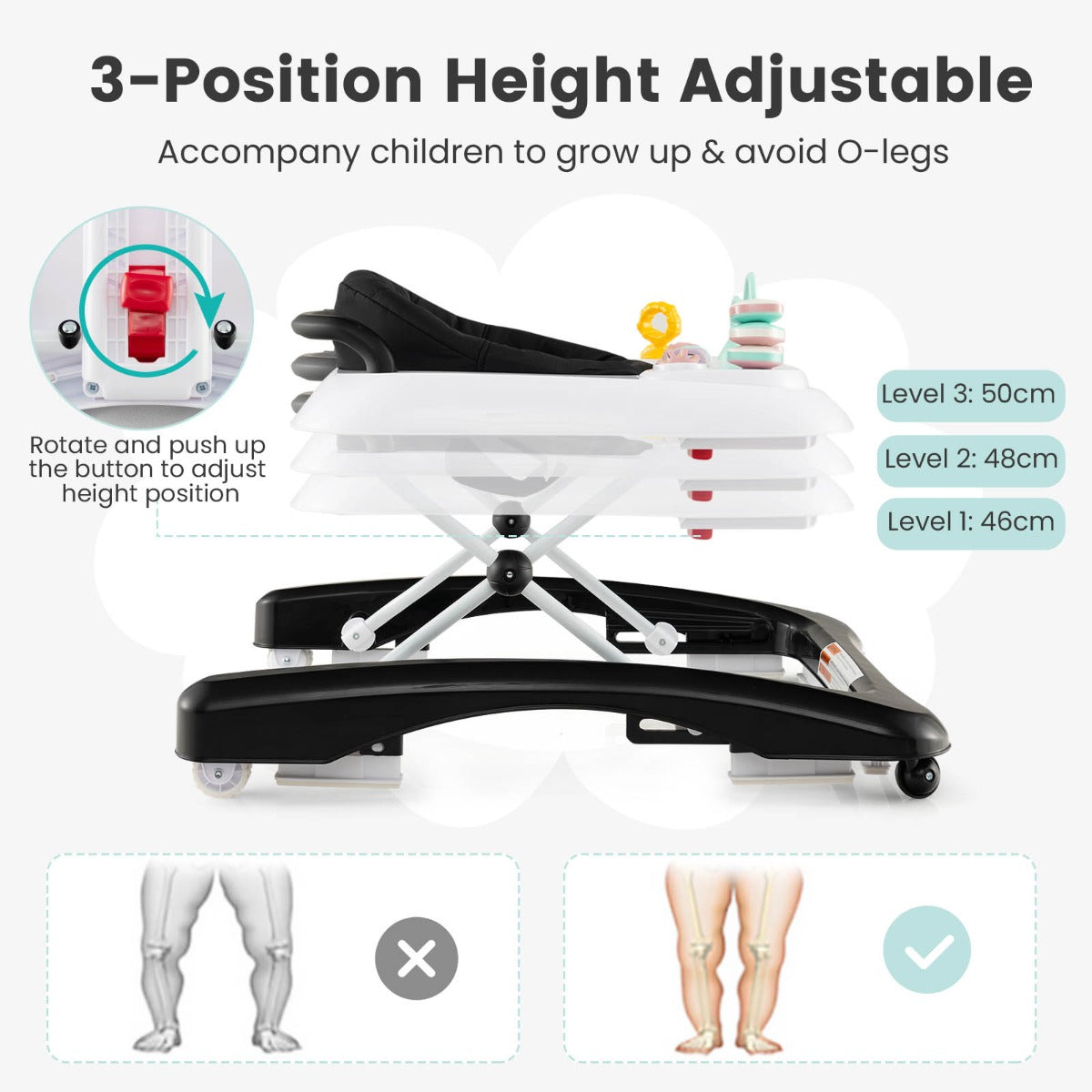 Foldable Baby Walker with Adjustable Height for Boys and Girls-Black
