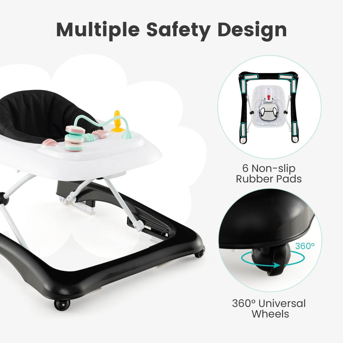 Foldable Baby Walker with Adjustable Height for Boys and Girls-Black