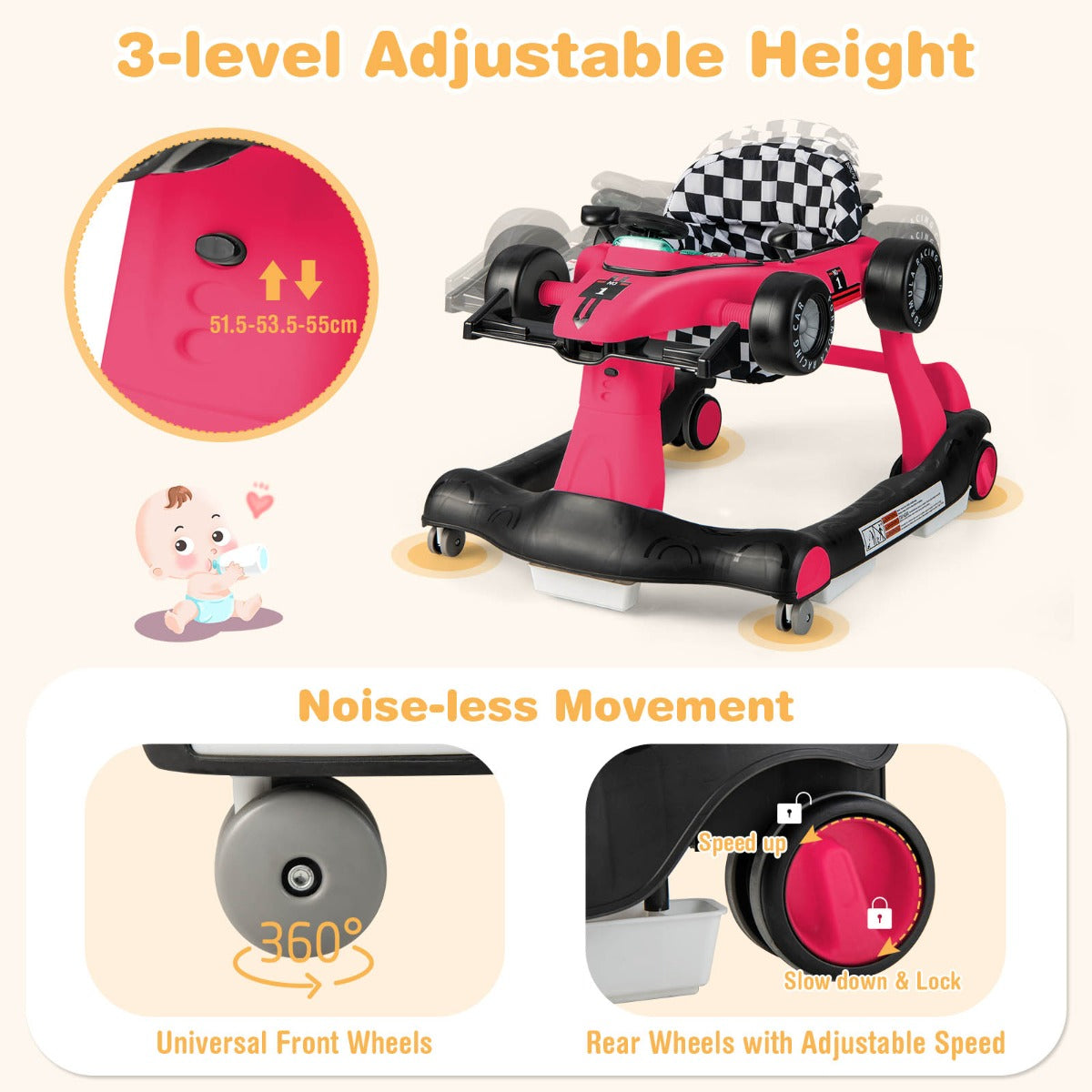 4-in-1 Baby Walker with Adjustable Height and Speed for Babies