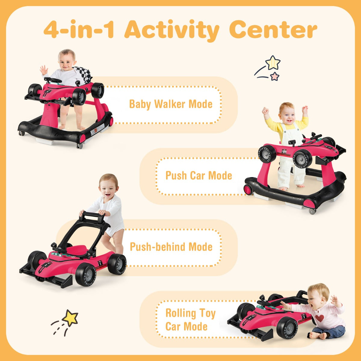 4-in-1 Baby Walker with Adjustable Height and Speed for Babies