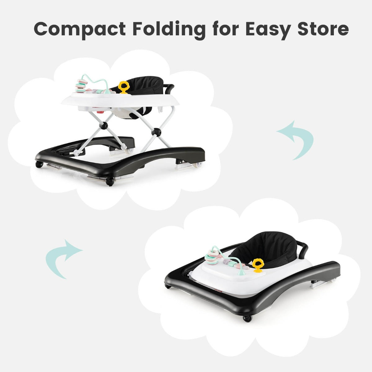Foldable Baby Walker with Adjustable Height for Boys and Girls-Black