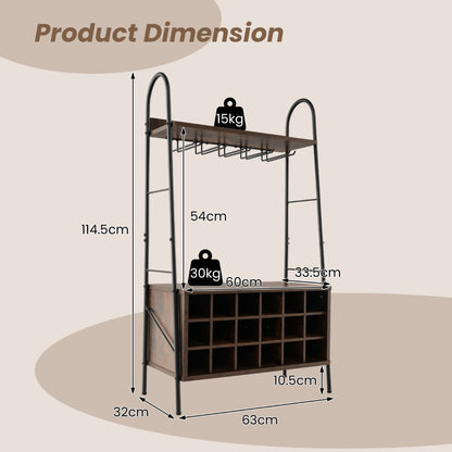 18-bottle wine rack table with five stemware racks for storing up to 15 glasses