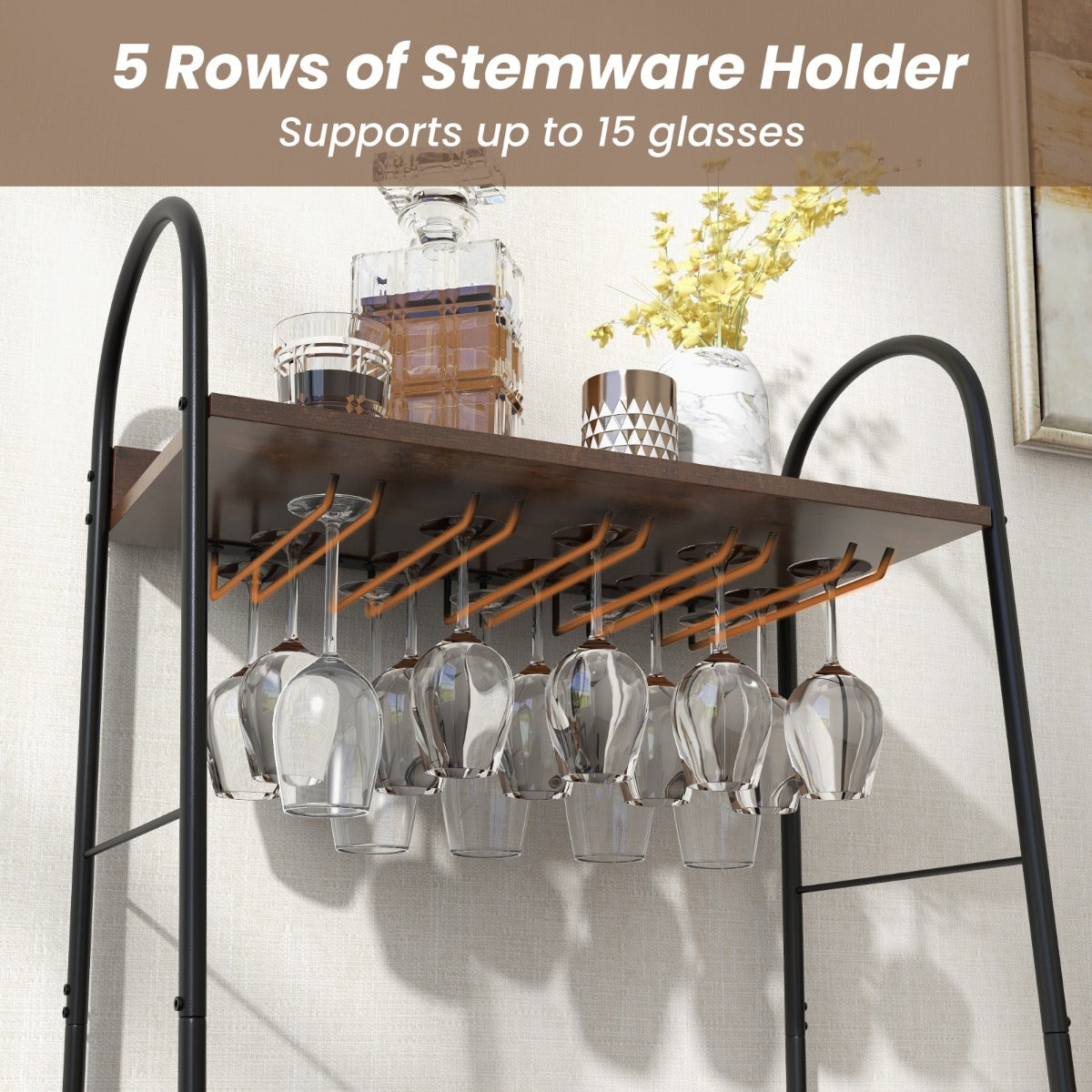 Organized wine cabinet combines bottle storage, glass racks, countertop and open shelving