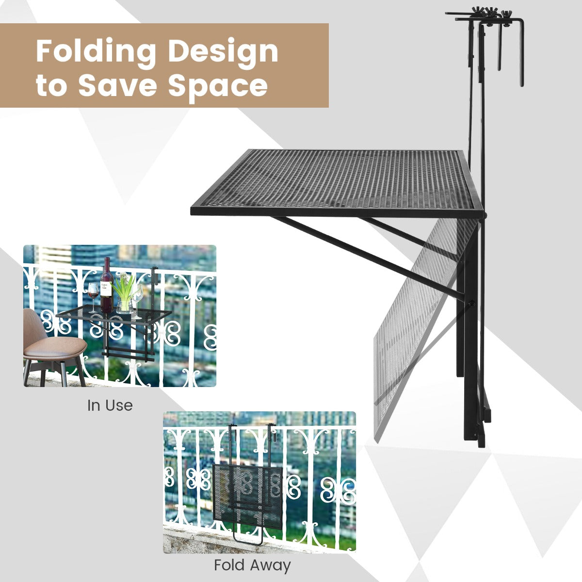Costway 5-level Height-adjustable Balcony Hanging Table Loadable up to 20 kg for Balcony Garden