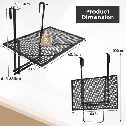 Foldable balcony hanging table with five adjustable height levels for flexible outdoor use