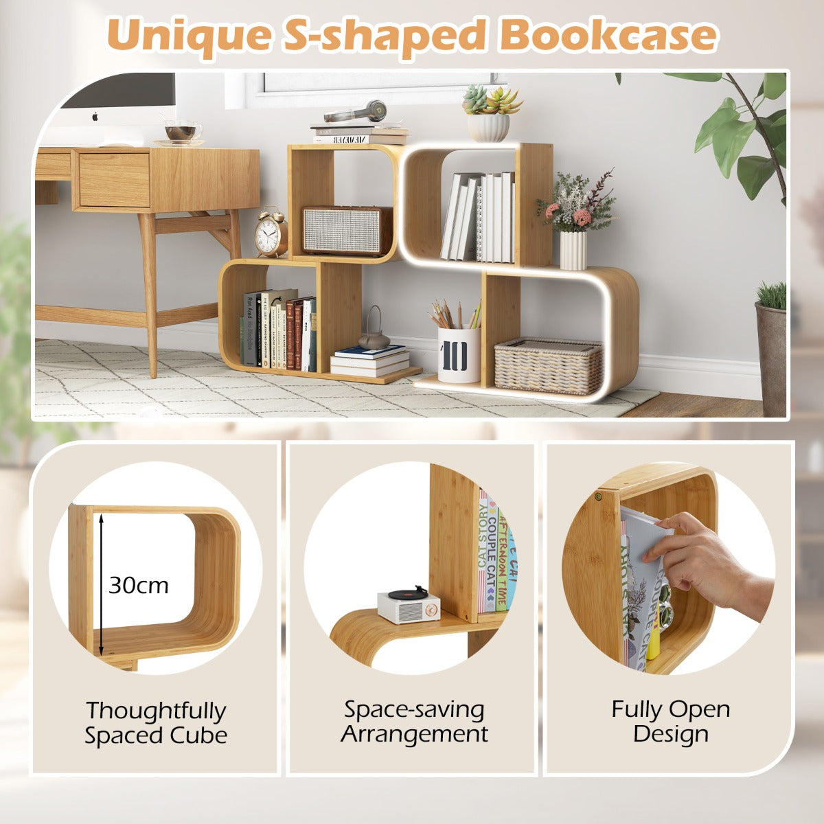 2-Tier S-Shaped Bamboo Bookcase with 2 Open Cubes-Natural