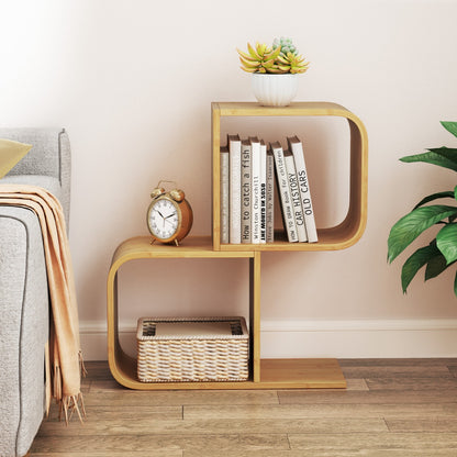 2-Tier S-Shaped Bamboo Bookcase with 2 Open Cubes-Natural