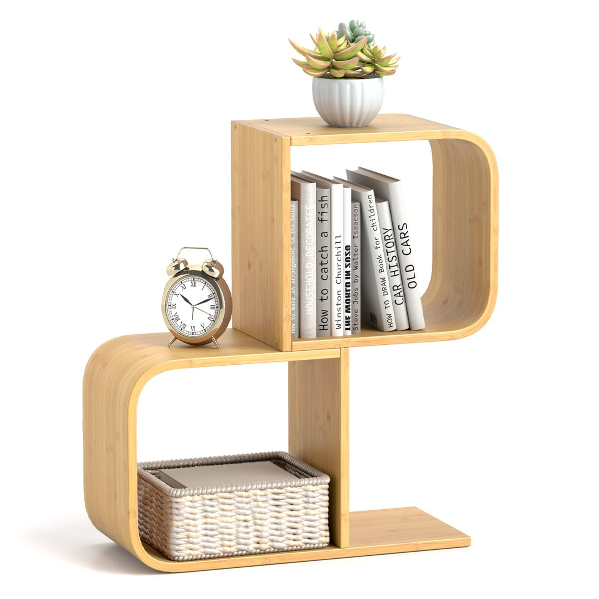 2-Tier S-Shaped Bamboo Bookcase with 2 Open Cubes-Natural