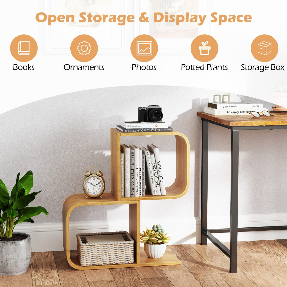 2-Tier S-Shaped Bamboo Bookcase with 2 Open Cubes-Natural