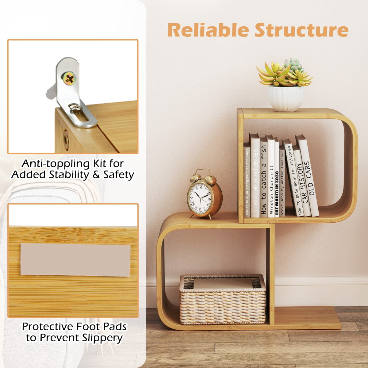 2-Tier S-Shaped Bamboo Bookcase with 2 Open Cubes-Natural