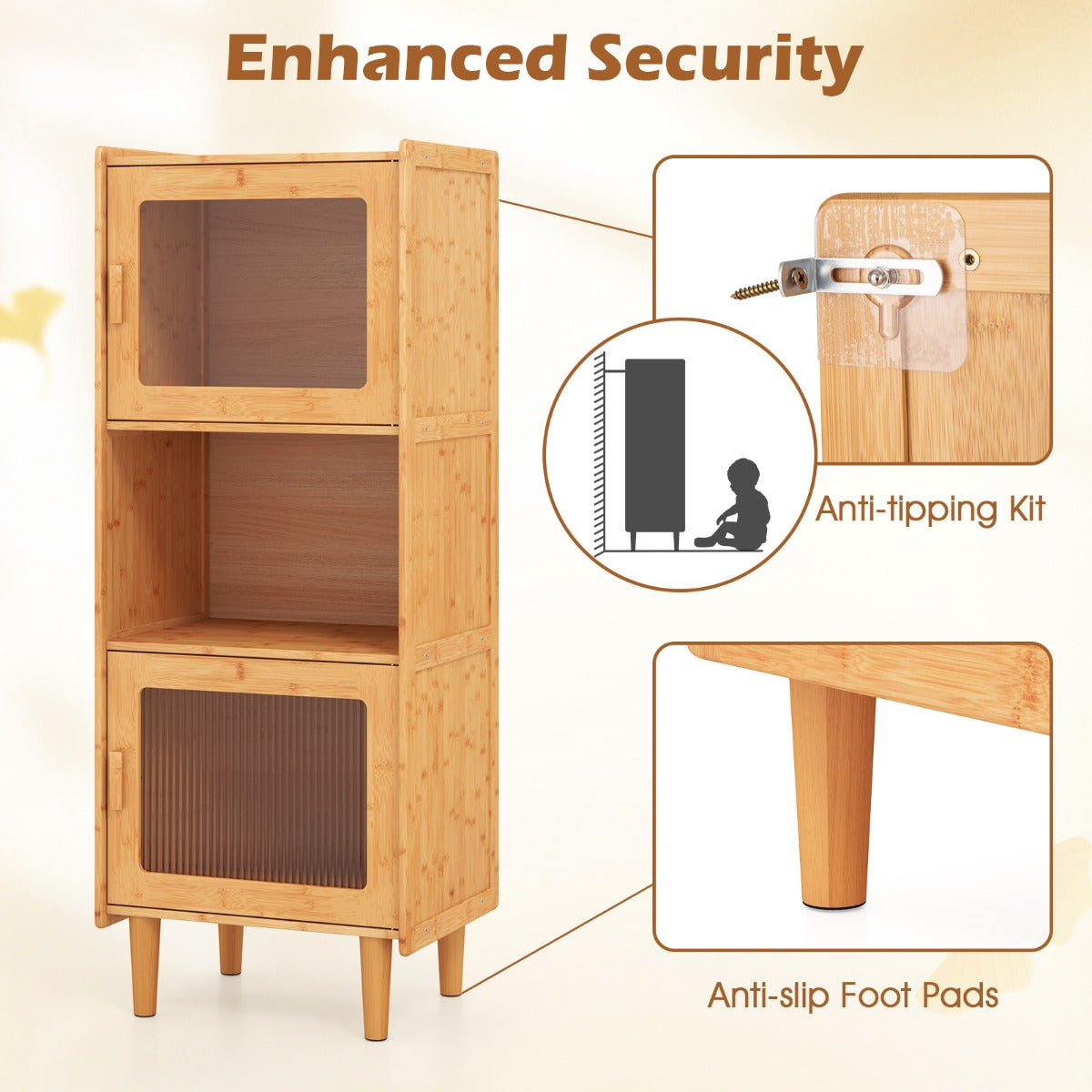 3-Cube Bamboo Cabinet with Open Compartment and 2 Acrylic Doors-Natural