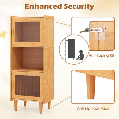 3-Cube Bamboo Cabinet with Open Compartment and 2 Acrylic Doors-Natural