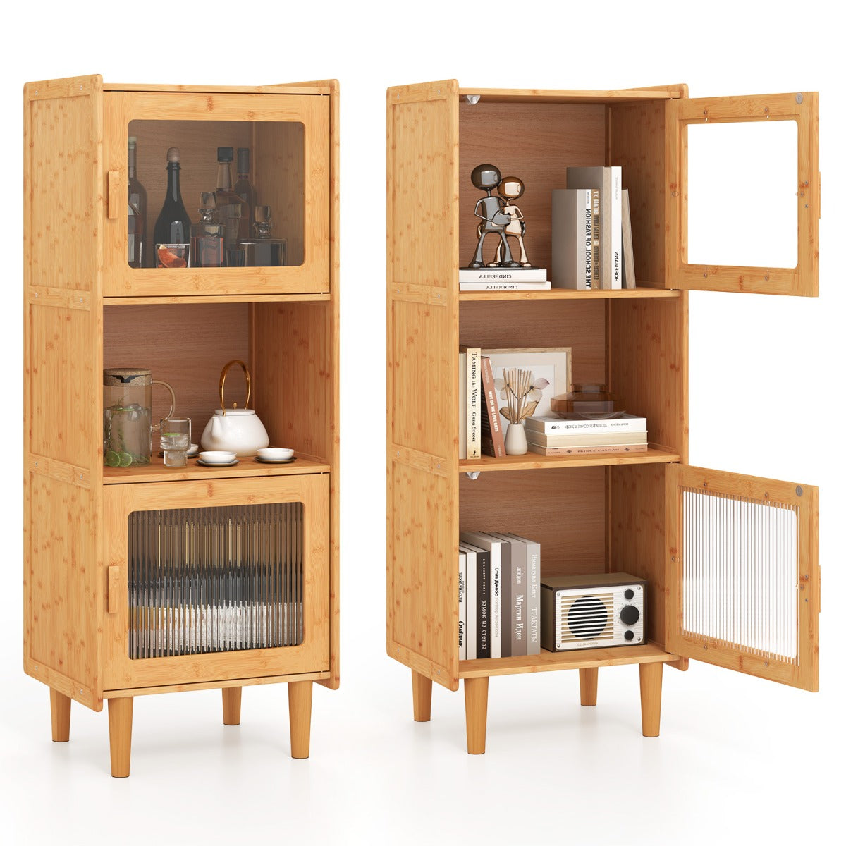 3-Cube Bamboo Cabinet with Open Compartment and 2 Acrylic Doors-Natural