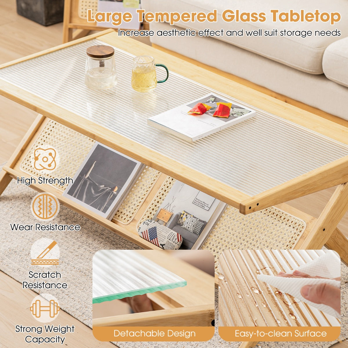Costway  2-Tier Rectangular Coffee Table with Glass Tabletop for Living Room/Office