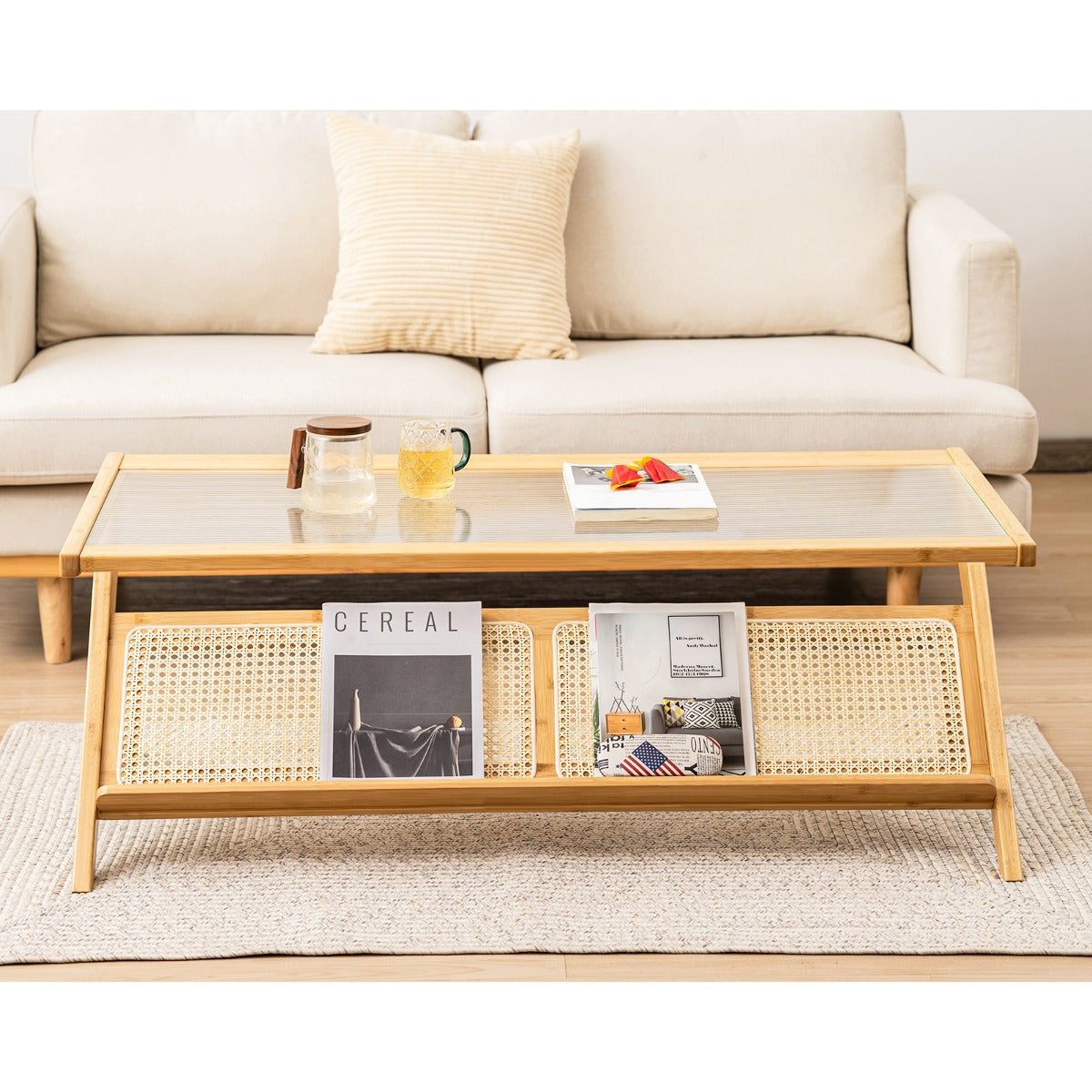 Costway  2-Tier Rectangular Coffee Table with Glass Tabletop for Living Room/Office