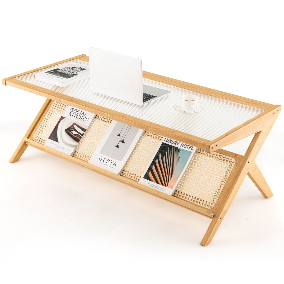 Costway  2-Tier Rectangular Coffee Table with Glass Tabletop for Living Room/Office