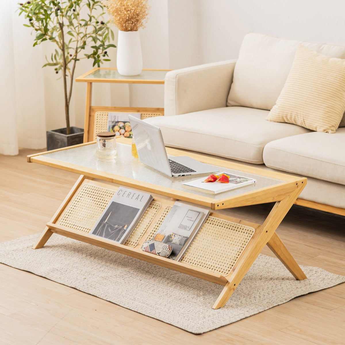 Costway  2-Tier Rectangular Coffee Table with Glass Tabletop for Living Room/Office