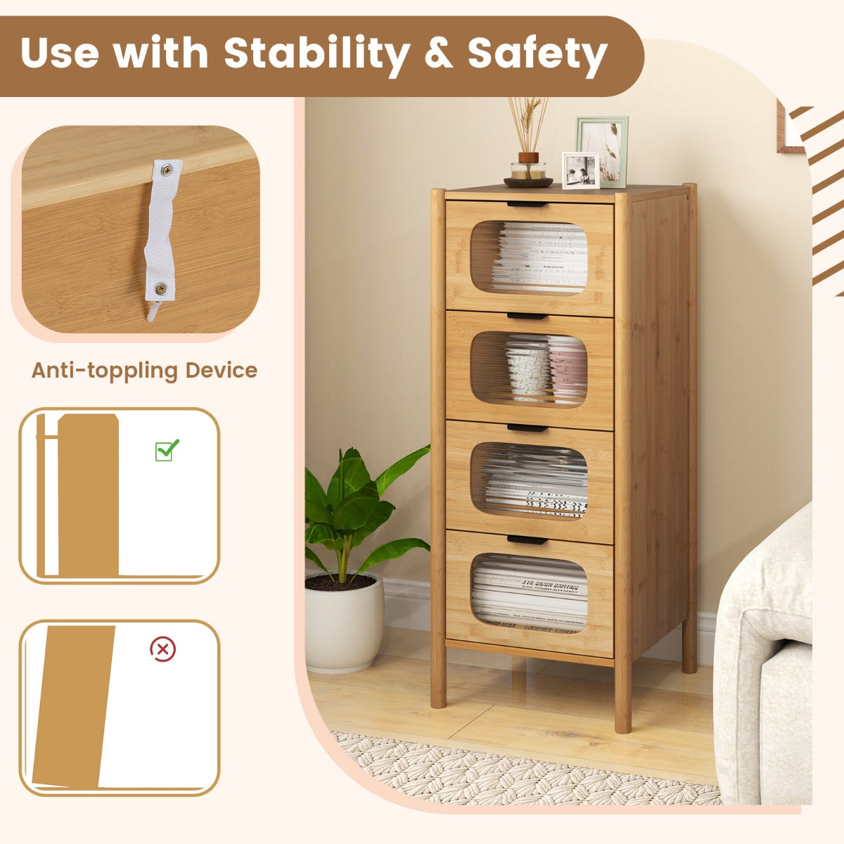 3/4-Drawer Bamboo Storage Cabinet with Fluted Tempered Glass Drawers-Natural-4-Tier