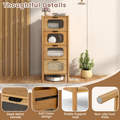 3/4-Drawer Bamboo Storage Cabinet with Fluted Tempered Glass Drawers-Natural-4-Tier