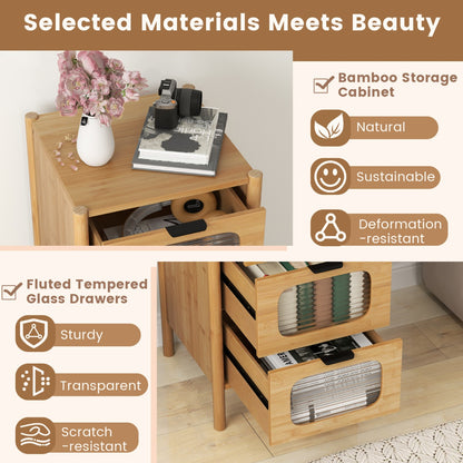 3/4-Drawer Bamboo Storage Cabinet with Fluted Tempered Glass Drawers-Natural-4-Tier