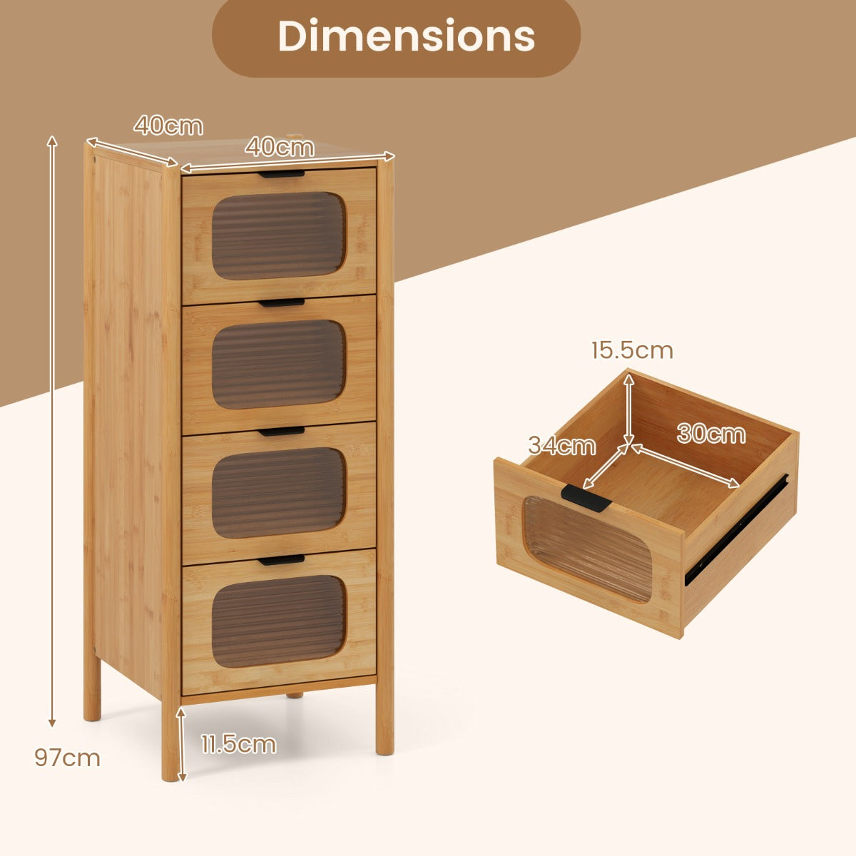 3/4-Drawer Bamboo Storage Cabinet with Fluted Tempered Glass Drawers-Natural-4-Tier