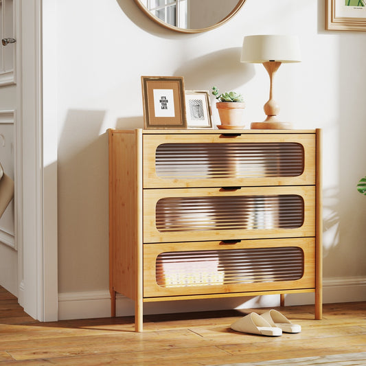 3/4-Drawer Bamboo Storage Cabinet with Fluted Tempered Glass Drawers-Natural-3-Tier