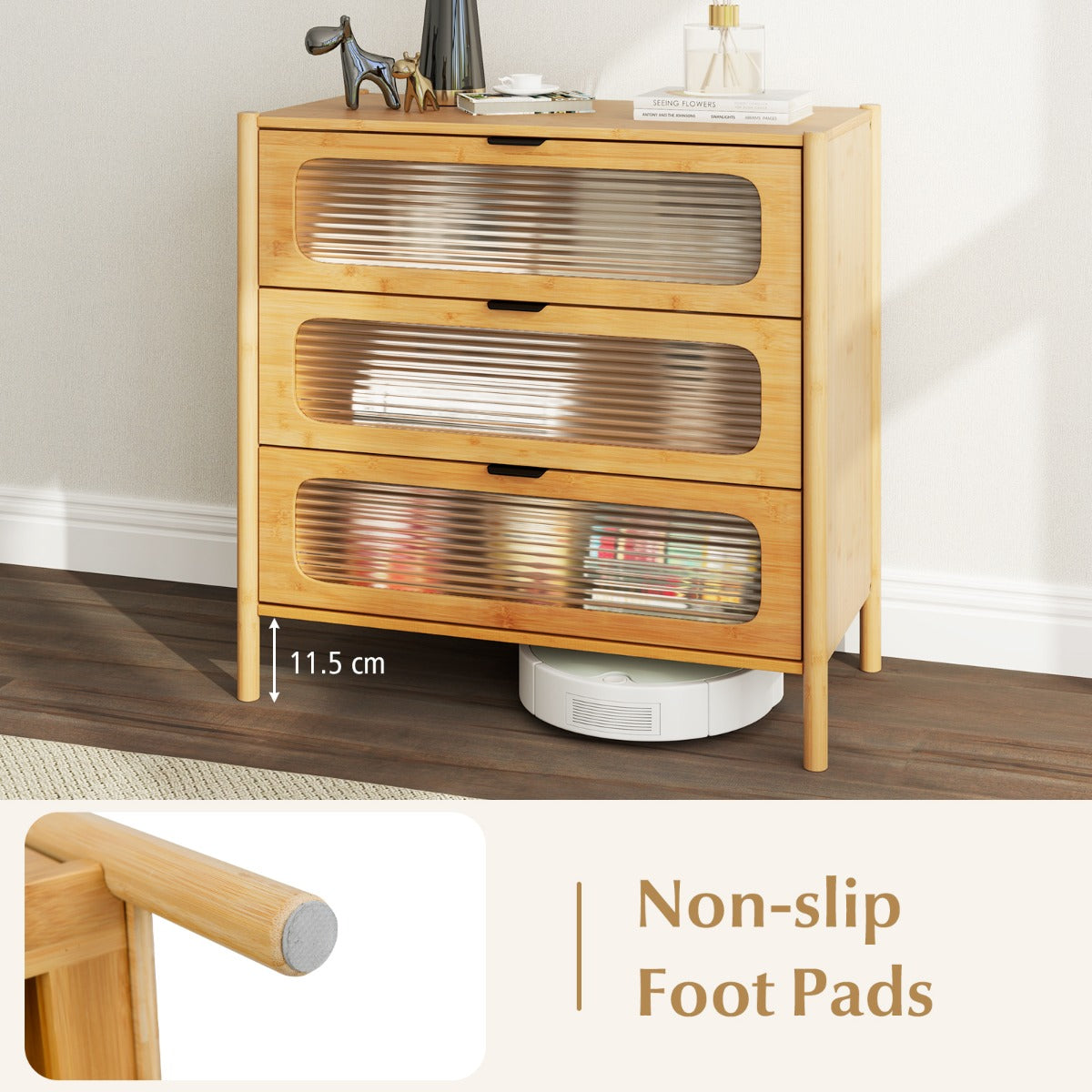 3/4-Drawer Bamboo Storage Cabinet with Fluted Tempered Glass Drawers-Natural-3-Tier