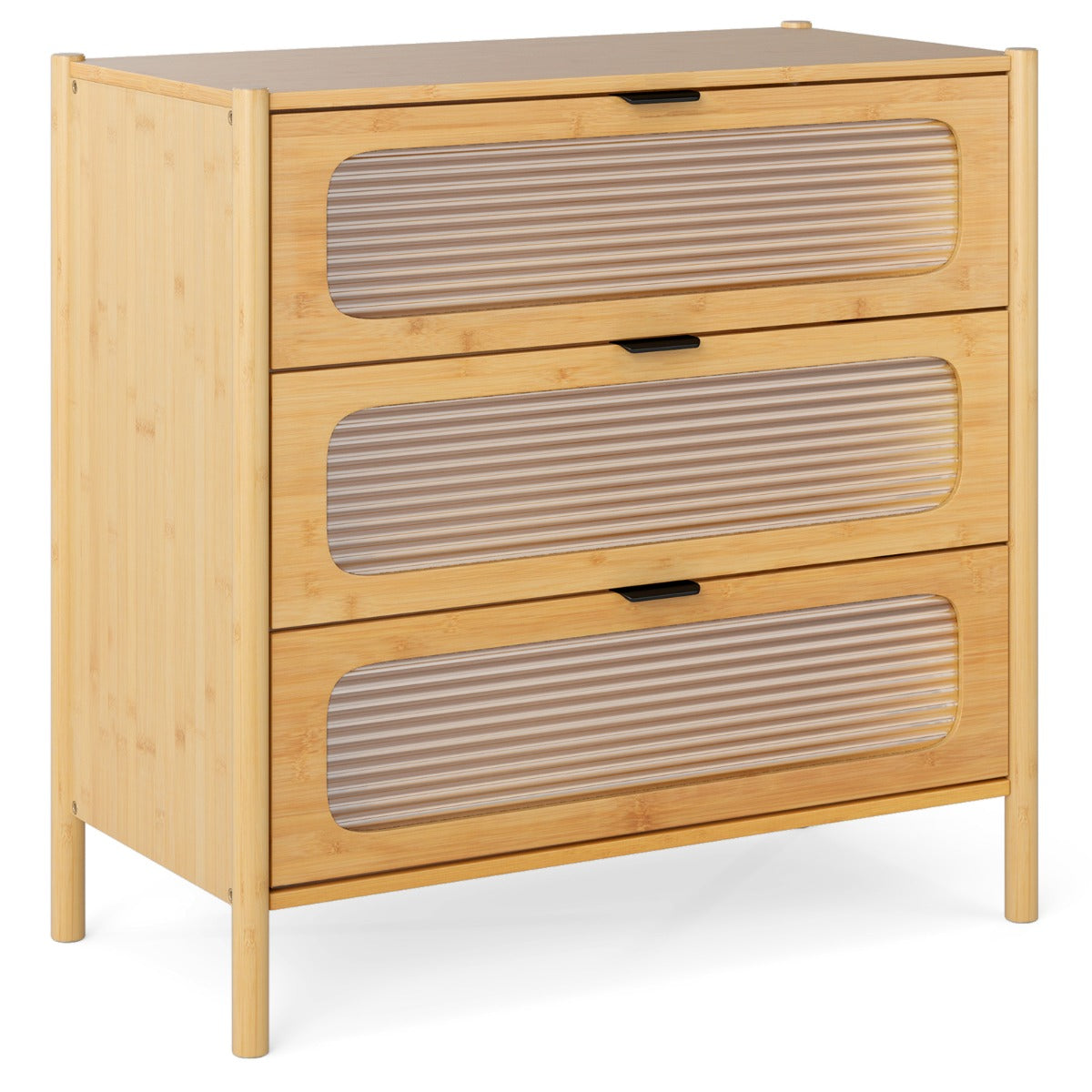 3/4-Drawer Bamboo Storage Cabinet with Fluted Tempered Glass Drawers-Natural-3-Tier
