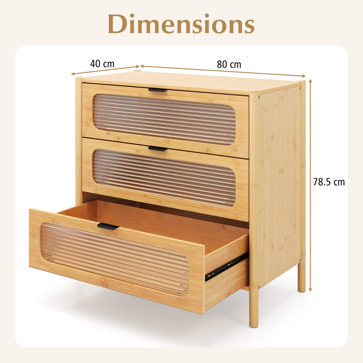 3/4-Drawer Bamboo Storage Cabinet with Fluted Tempered Glass Drawers-Natural-3-Tier