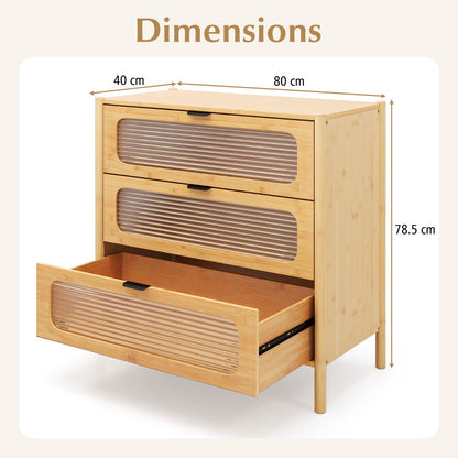 3/4-Drawer Bamboo Storage Cabinet with Fluted Tempered Glass Drawers-Natural-3-Tier
