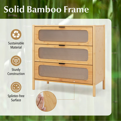 3/4-Drawer Bamboo Storage Cabinet with Fluted Tempered Glass Drawers-Natural-3-Tier