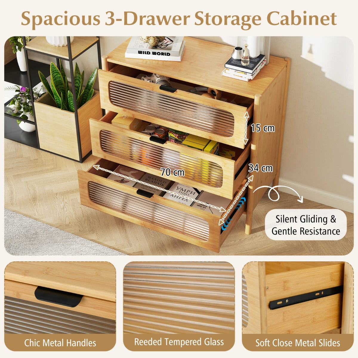 3/4-Drawer Bamboo Storage Cabinet with Fluted Tempered Glass Drawers-Natural-3-Tier