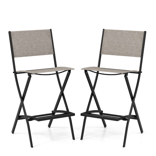 Set of two folding outdoor bar stools with durable fabric seats, sprayed metal frames and footrests