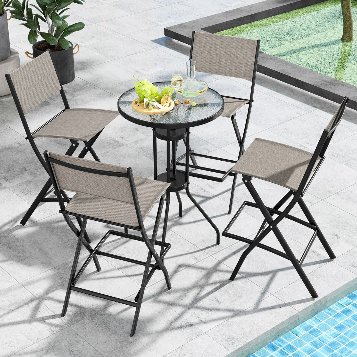 Costway Outdoor Bar Chair Set of 2 with Metal Frame for Balcony/Garden/Poolside