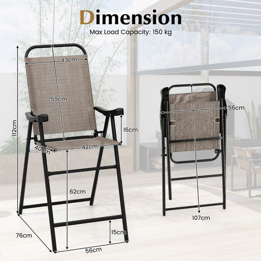 Two-piece folding outdoor bar chair set provides comfortable seating for patios, gardens, and balconies