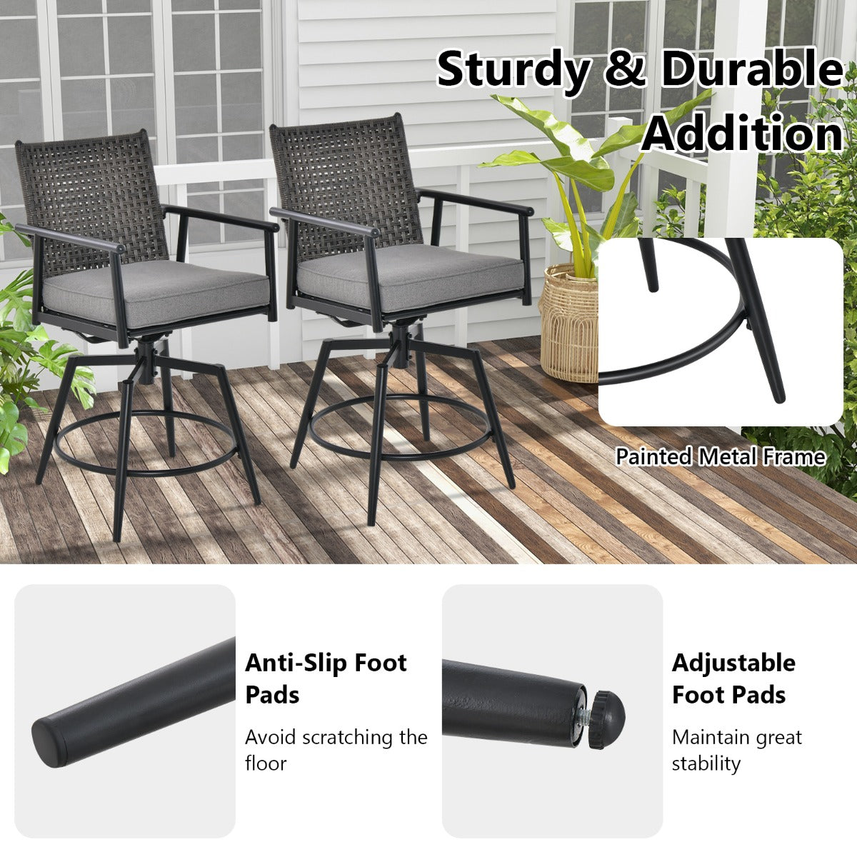 Versatile swivel bar stools create comfortable outdoor seating for conversations, dining and leisure time