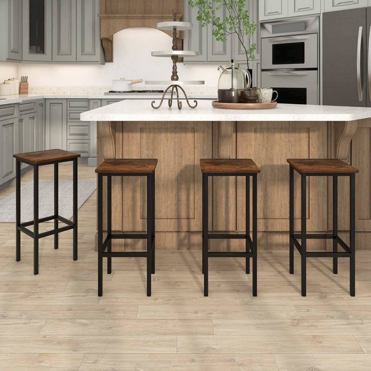 4-Piece Bar Stool Set with Metal Frame and Footrest for Dining Room