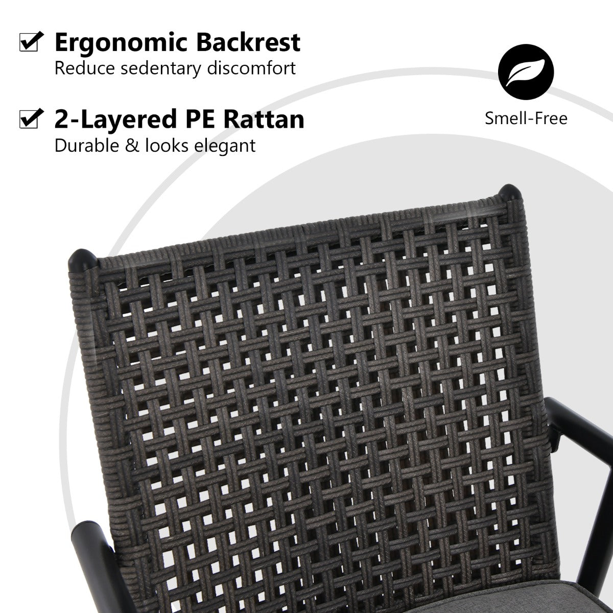 Durable PE rattan is smell-free, weather-friendly and adds an elegant touch to the outdoor bar chairs