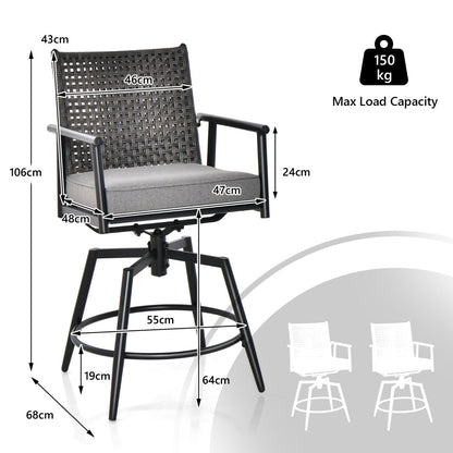 Outdoor bar stool set of two features ergonomic two-layer PE rattan backrests for supportive and stylish seating