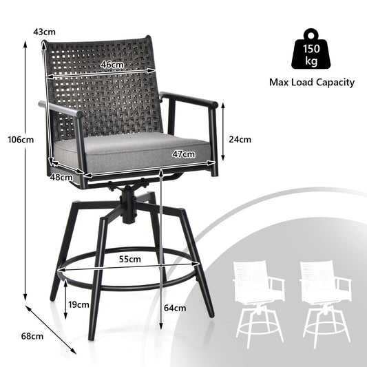 Outdoor bar stool set of two features ergonomic two-layer PE rattan backrests for supportive and stylish seating
