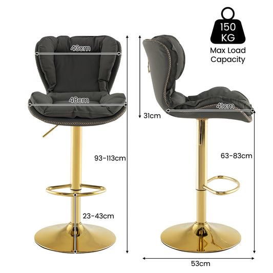 Set of two gray and gold bar stools with double-layer comfort and elegant leathaire upholstery