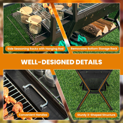 Versatile campfire cooking grill with sturdy metal construction and practical storage accessories