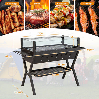 3-in-1 charcoal grill for BBQ cooking, camp stove use and campfire enjoyment with wood or charcoal fuel