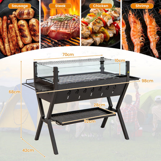 3-in-1 charcoal grill for BBQ cooking, camp stove use and campfire enjoyment with wood or charcoal fuel