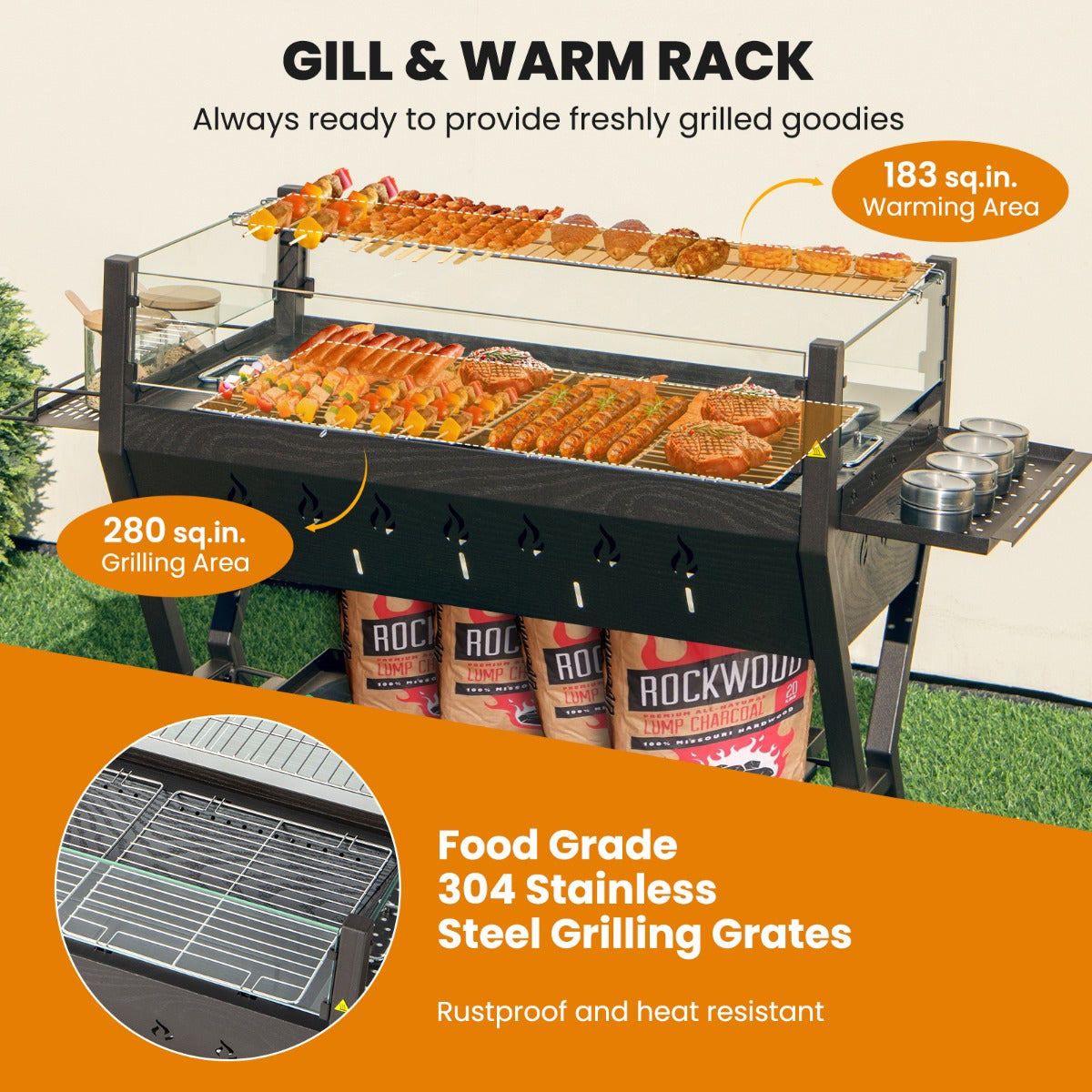 Camping grill with side seasoning racks, hanging rod and removable storage shelf for organized tools