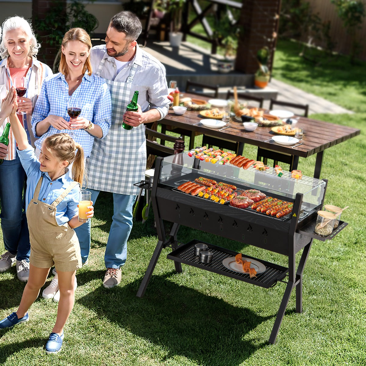 Costway Barbecue Charcoal Grills with Wind Guard and Seasoning Racks-Brown