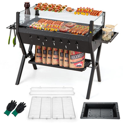 Complete outdoor grill set including cooking grate, warming rack, fire bowl and protective gloves