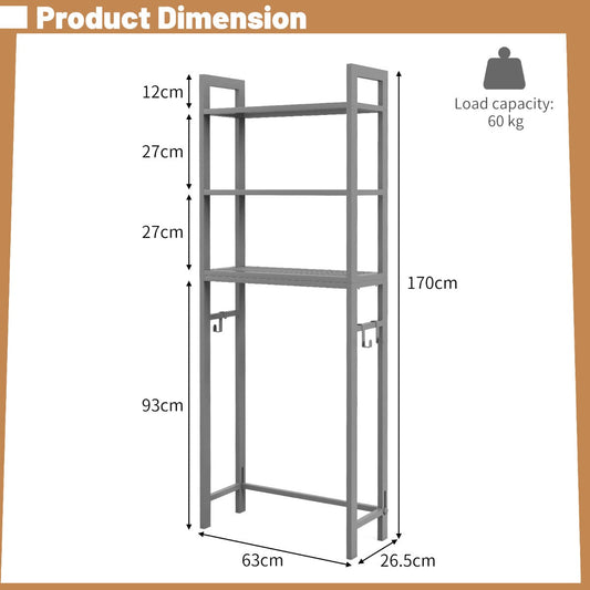 Over-the-toilet storage rack provides three shelves and three hooks for bathroom essentials and towels