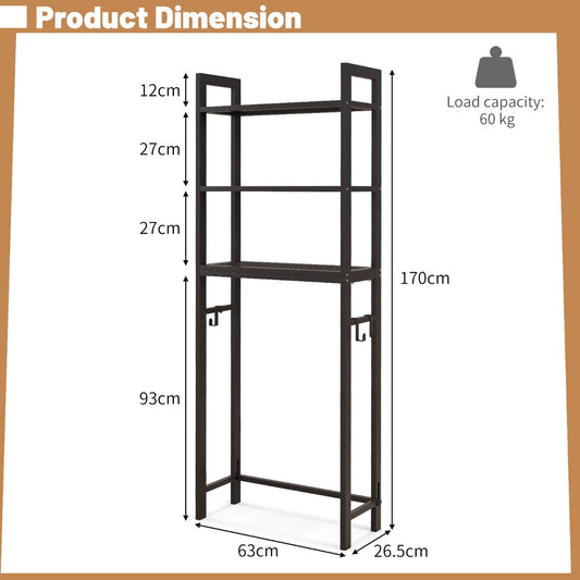Gray over-the-toilet rack with three shelves and hooks for organized bathroom storage